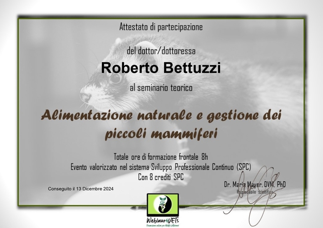 Attestato webinar4vets alimentazione piccoli mammiferi