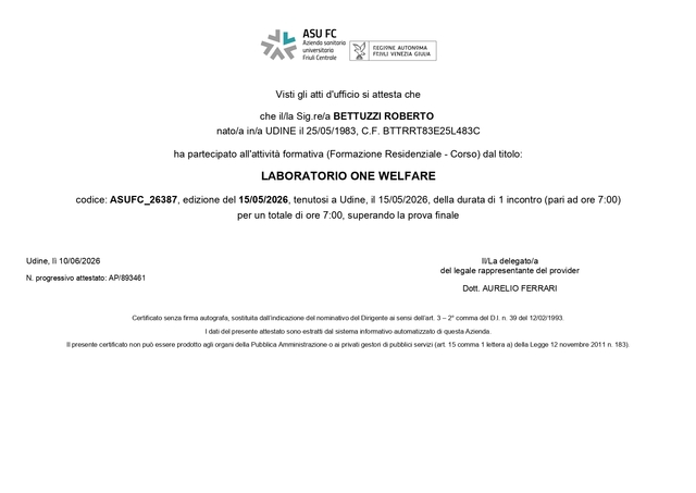 Attestato one welfare bettuzzi roberto